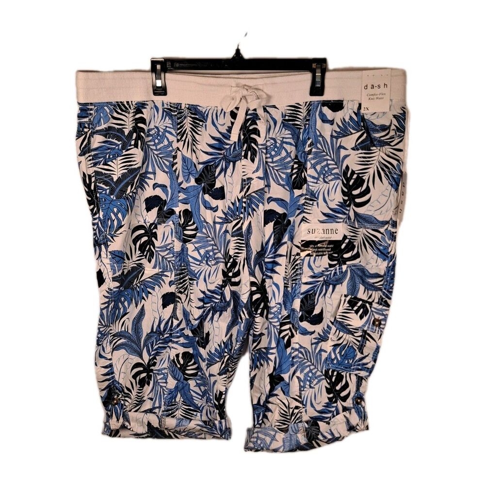 Dash Suzanne Women's Plus Capri Pants Size 2X Caribbean Blue Palm Comfort Waist